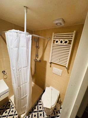 Een haardroger, handdoeken, zeep, toiletpapier