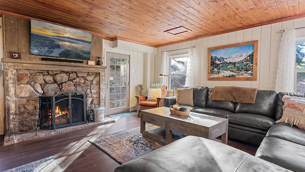 Un salon chaleureux avec une cheminée en pierre, un canapé en cuir et un grand tableau représentant un paysage de montagne.