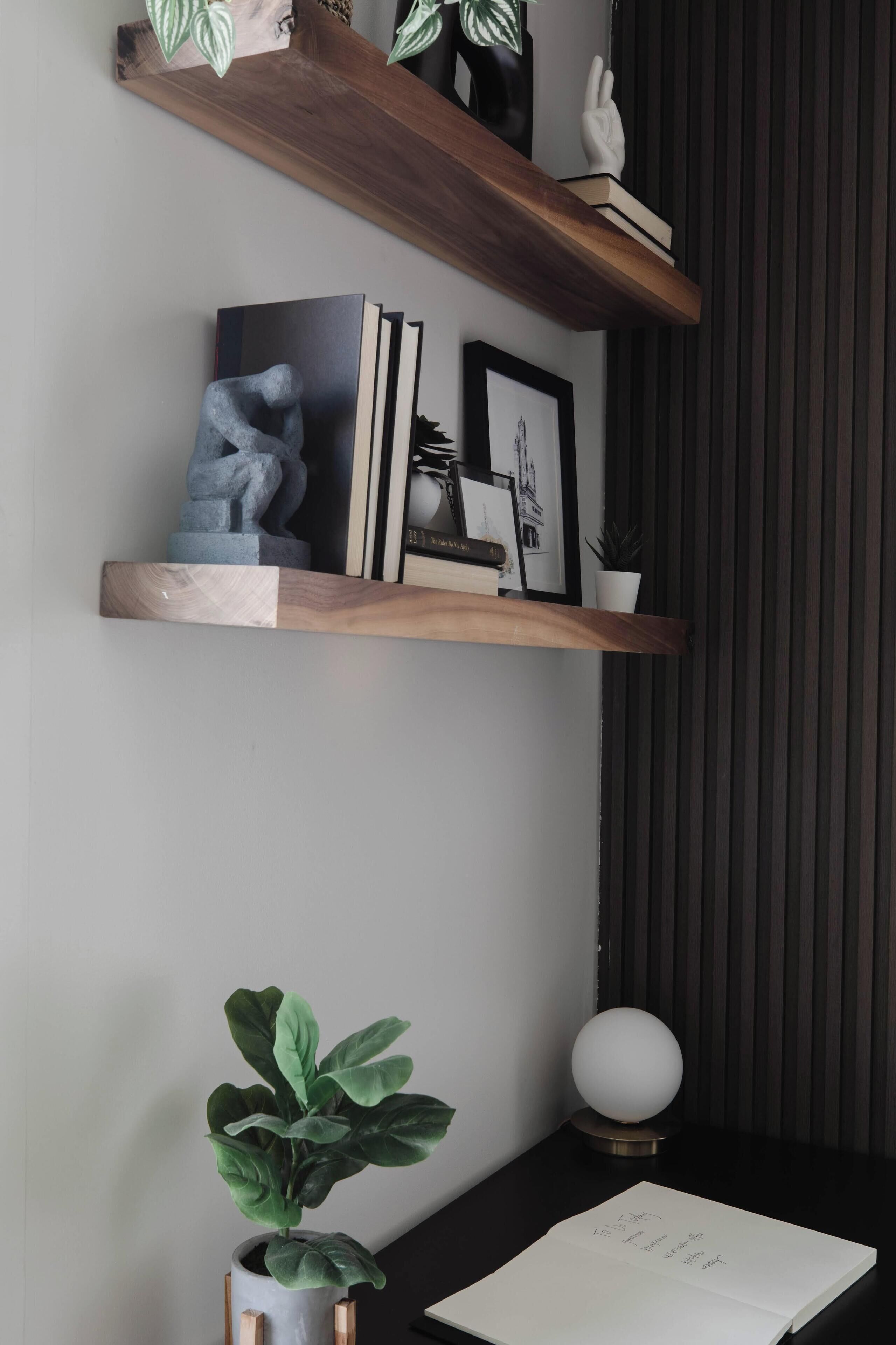 Un mur avec deux étagères en bois : la première supporte des livres et un tableau encadré, et la seconde, une plante en pot et un objet décoratif.