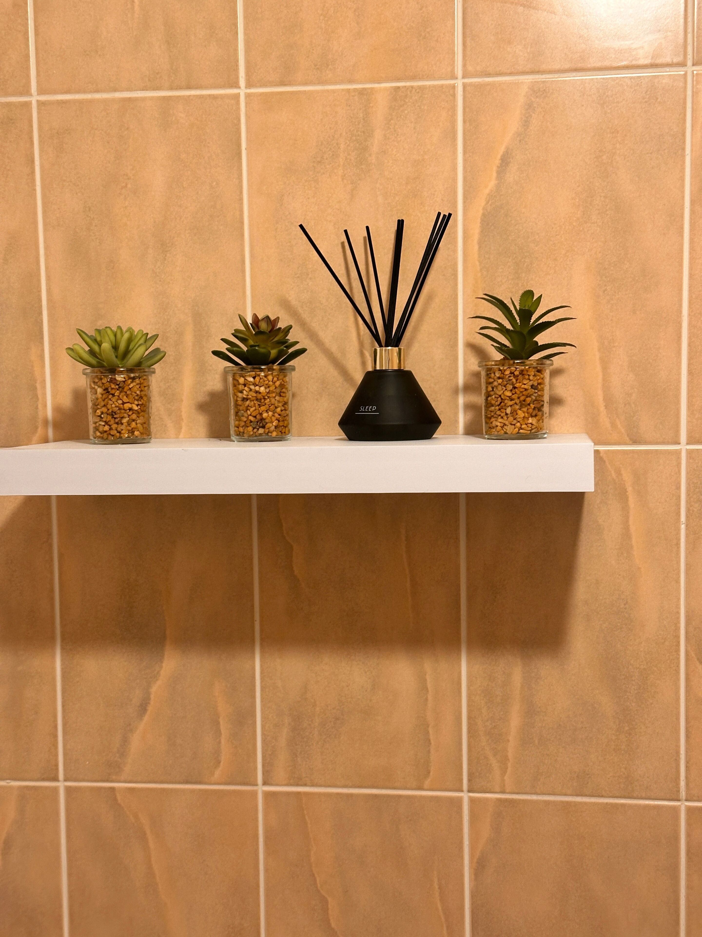 En hylde med tre små krukkeplanter og en sort diffuser med rørstokke.