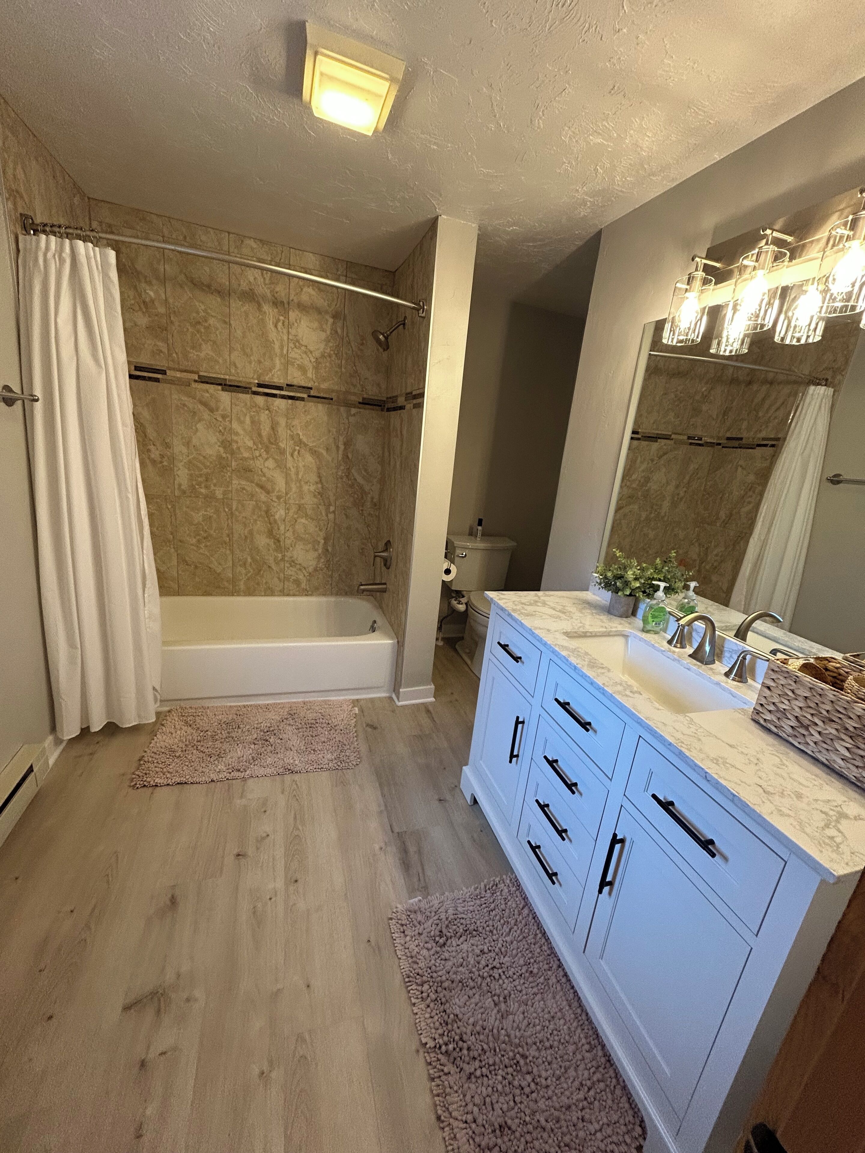 Hair dryer, bidet, towels, soap