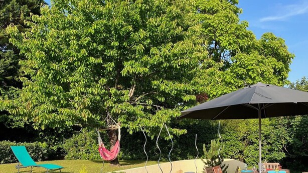 A garden with raised beds, a hammock, and outdoor furniture.