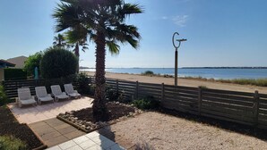 A patio with lounge chairs, a palm tree, and a view of the beach and water.