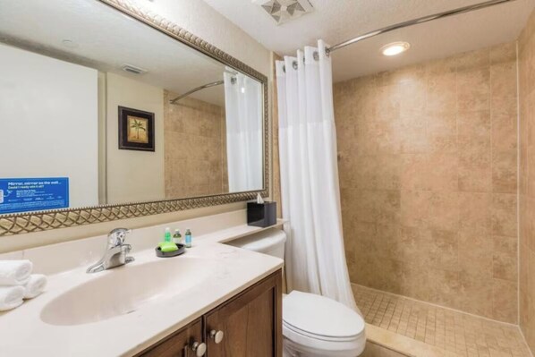 Jetted tub, hair dryer, towels, soap
