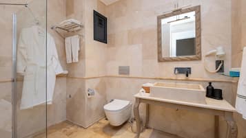 Shower, hair dryer, bidet, towels