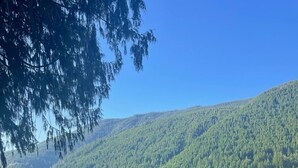 Une vue sur le lac, avec un quai, une zone herbeuse et des collines boisées.
