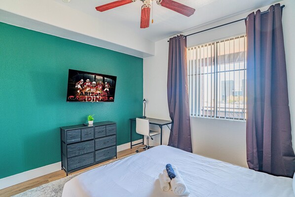 Premier Apartment, 1 Bedroom, Non Smoking, Pool View | Desk, laptop workspace, blackout drapes, iron/ironing board
