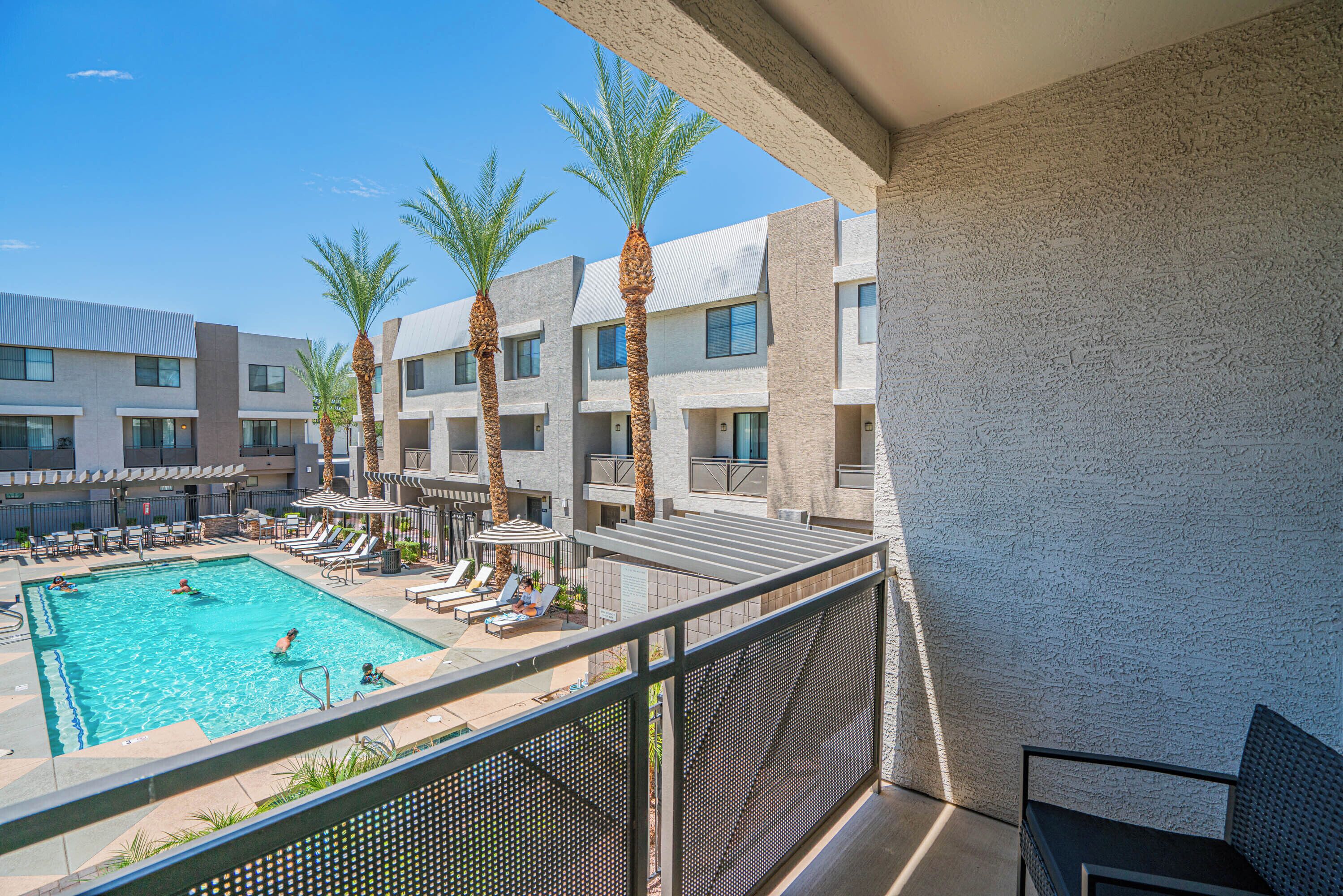 A rooftop pool area with lounge chairs and palm trees, surrounded by modern buildings.