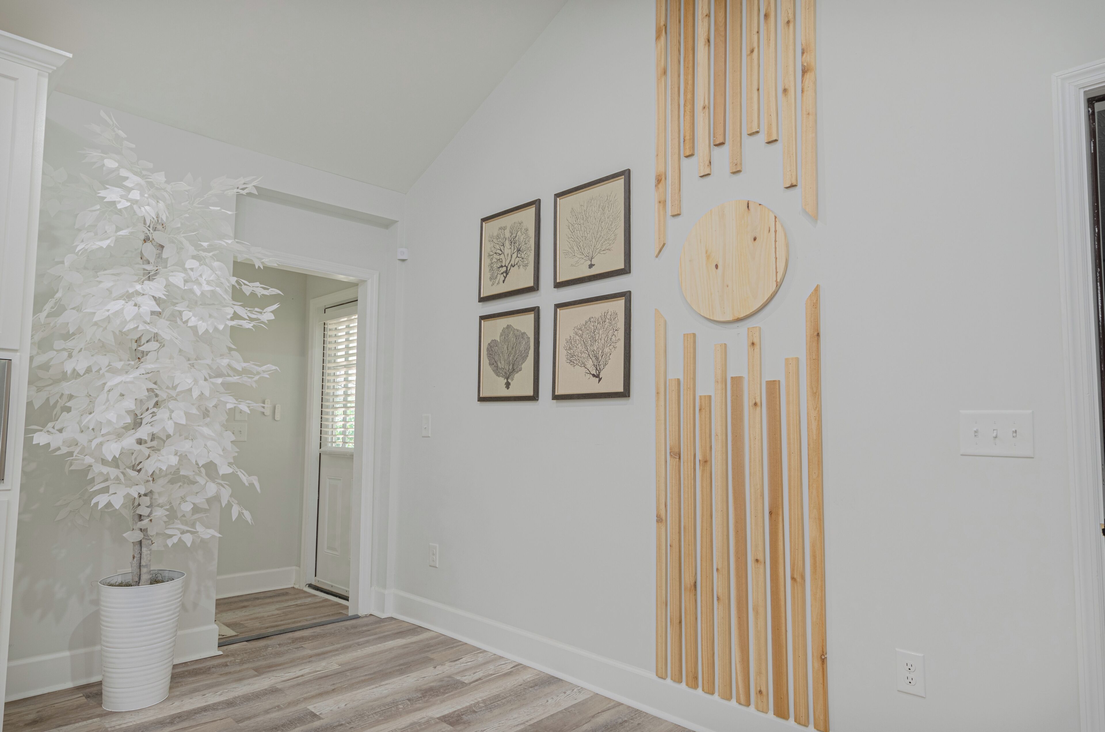 A hallway with a white potted plant, wooden floor, and wall-mounted artwork.