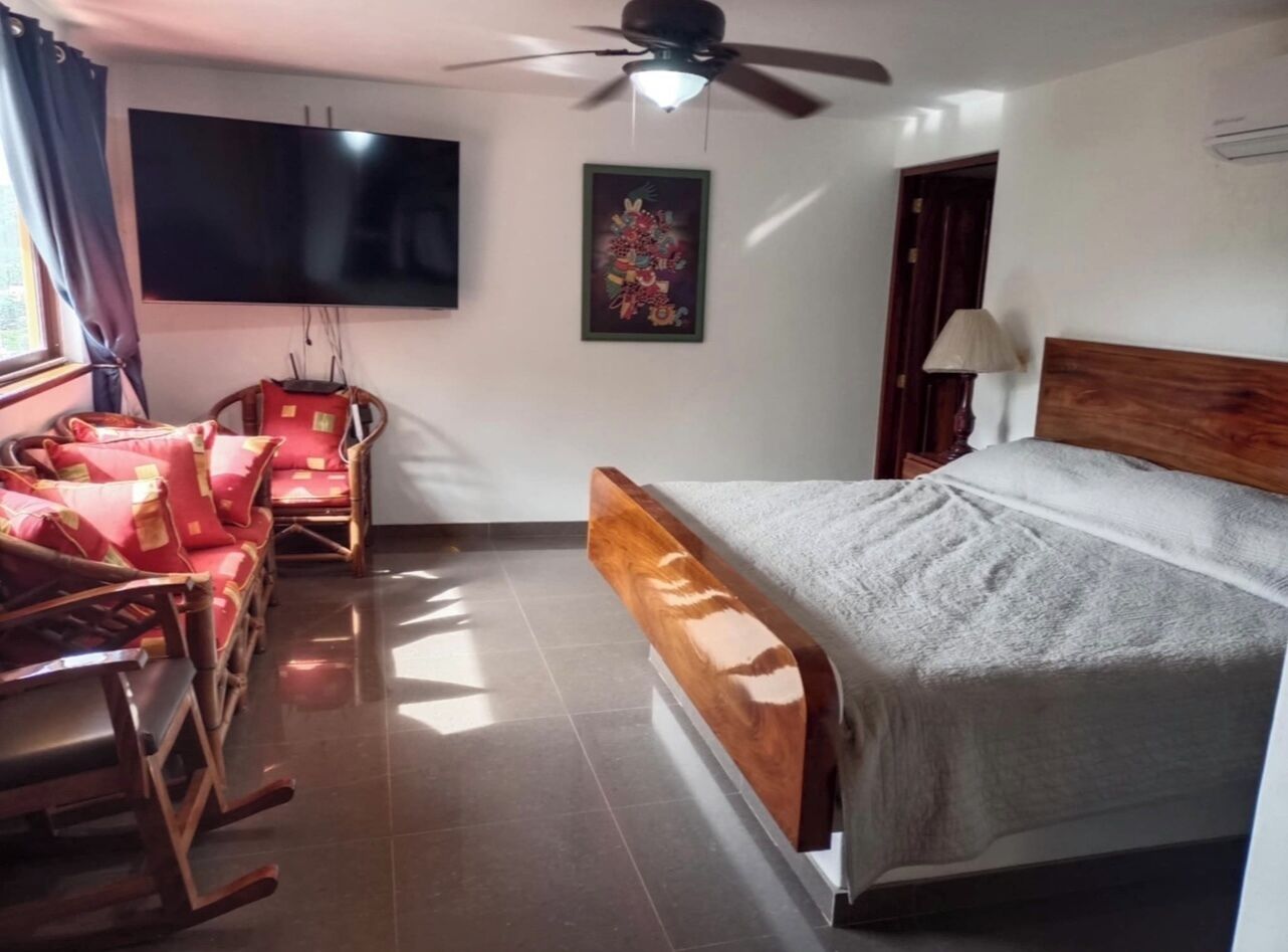 Une chambre à coucher comprenant un lit, un téléviseur, un ventilateur de plafond, une chaise et une œuvre d’art accrochée au mur.