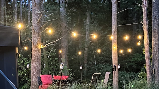 Un espacio al aire libre rodeado de árboles con luces colgantes, una silla roja y un banco.