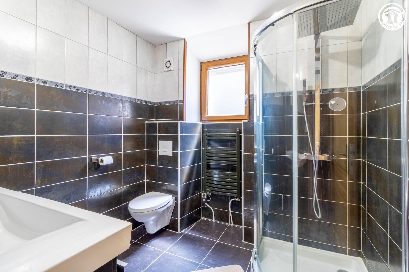 Een badkamer met douche, toilet en wastafel.