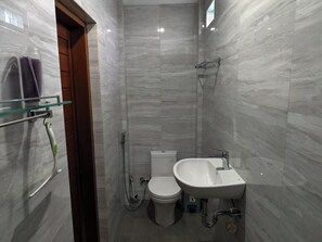 Shower, hair dryer, bidet, towels