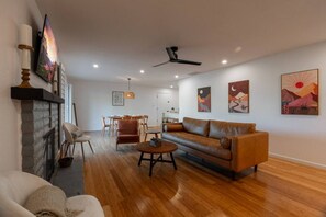 Smart TV, fireplace, books