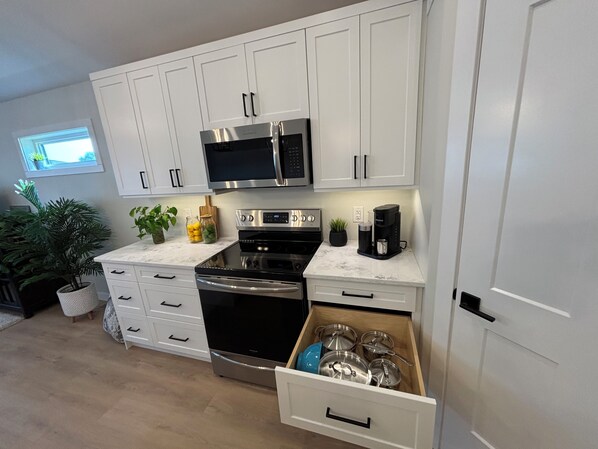 Fridge, microwave, oven, stovetop
