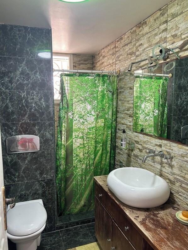Regadera, jabón, papel de baño 