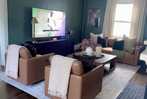 Smart TV, fireplace, books, music library