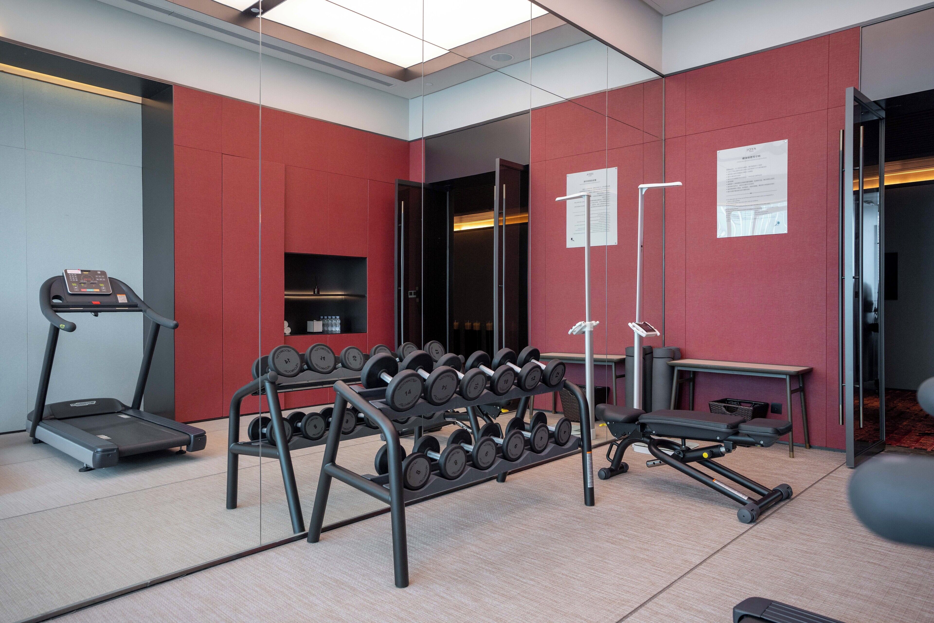 A gym with a treadmill, dumbbells, and a bench press.