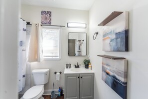 Hair dryer, towels, soap, shampoo