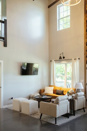 Smart-TV, Tischtennisplatte, Bücher, Stereoanlage