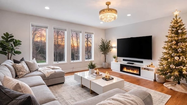 A modern living room with a sectional sofa, a flat-screen TV, a fireplace, and a Christmas tree.