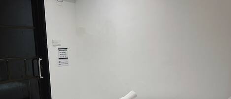 A hotel room with a bed, a TV mounted on the wall, a door, and a small plant.