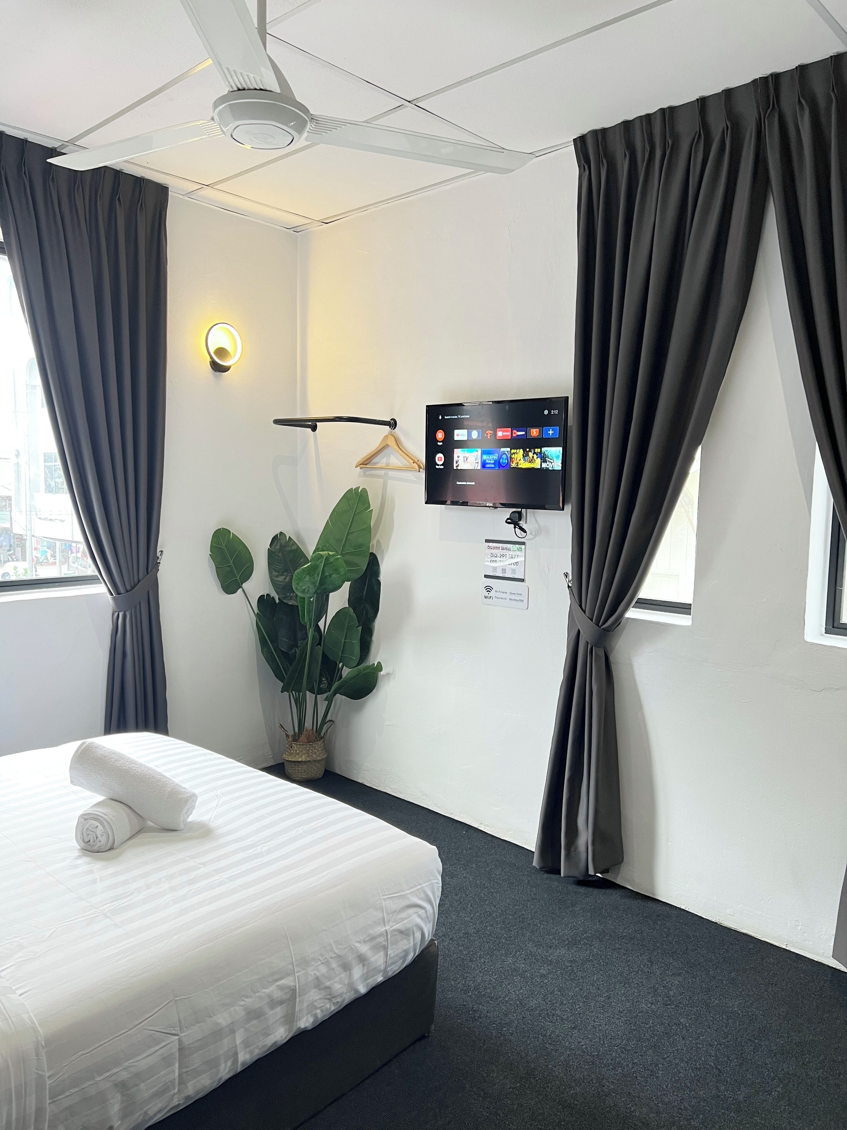 A hotel room with a bed, a TV, a potted plant, and a window with curtains.