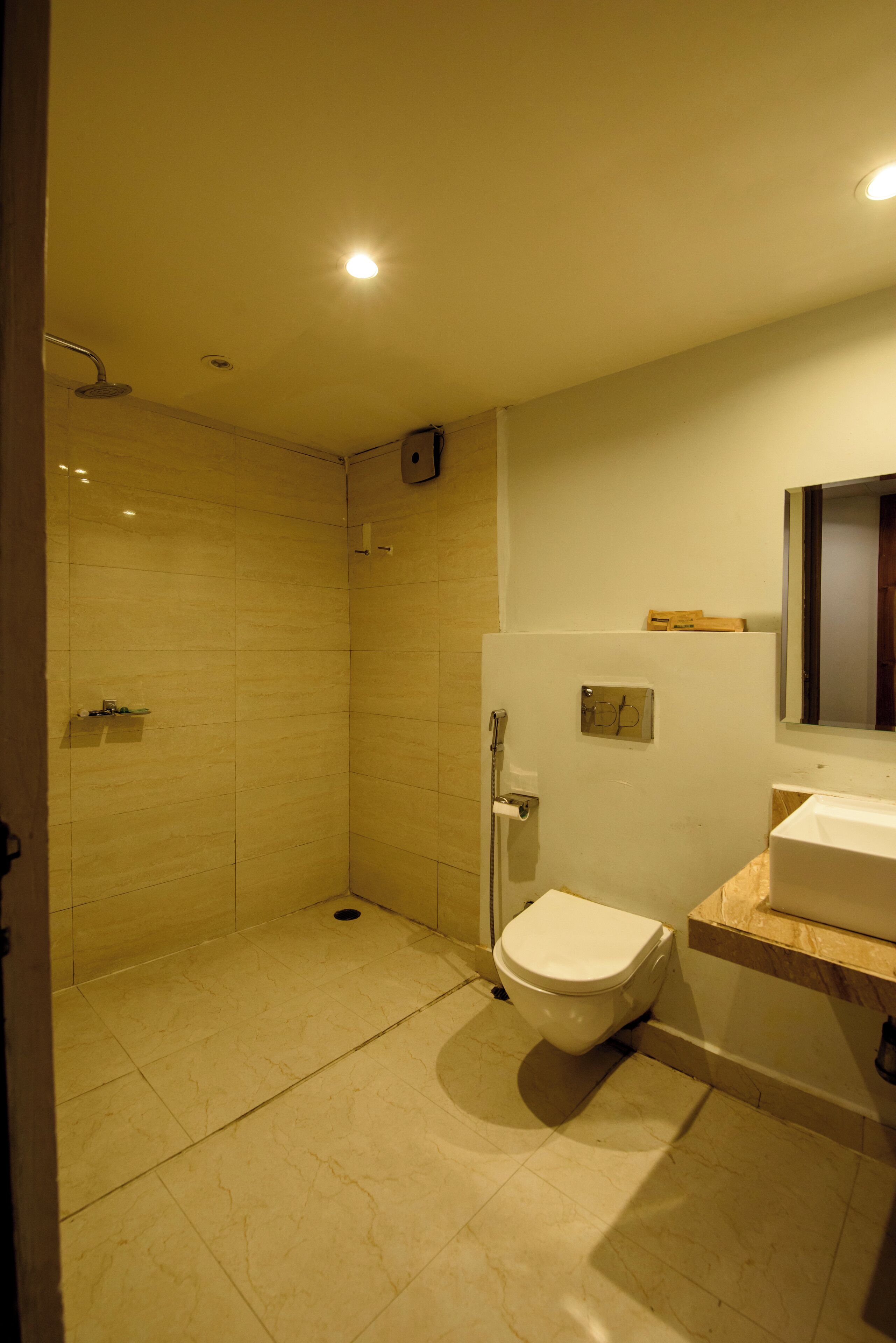 Une salle de bain avec douche, toilettes et lavabo.
