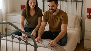 Ein Schlafzimmer mit einem Bett, einem Nachttisch, einer Lampe und einem Fenster mit Vorhängen.