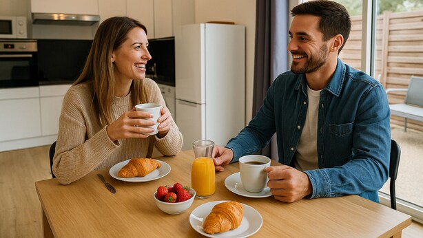 Ein Paar sitzt an einem Holztisch und genießt ein Frühstück mit Croissants, Erdbeeren und Orangensaft.