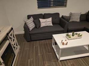 Smart TV, fireplace, stereo