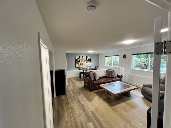 Smart TV, fireplace, books