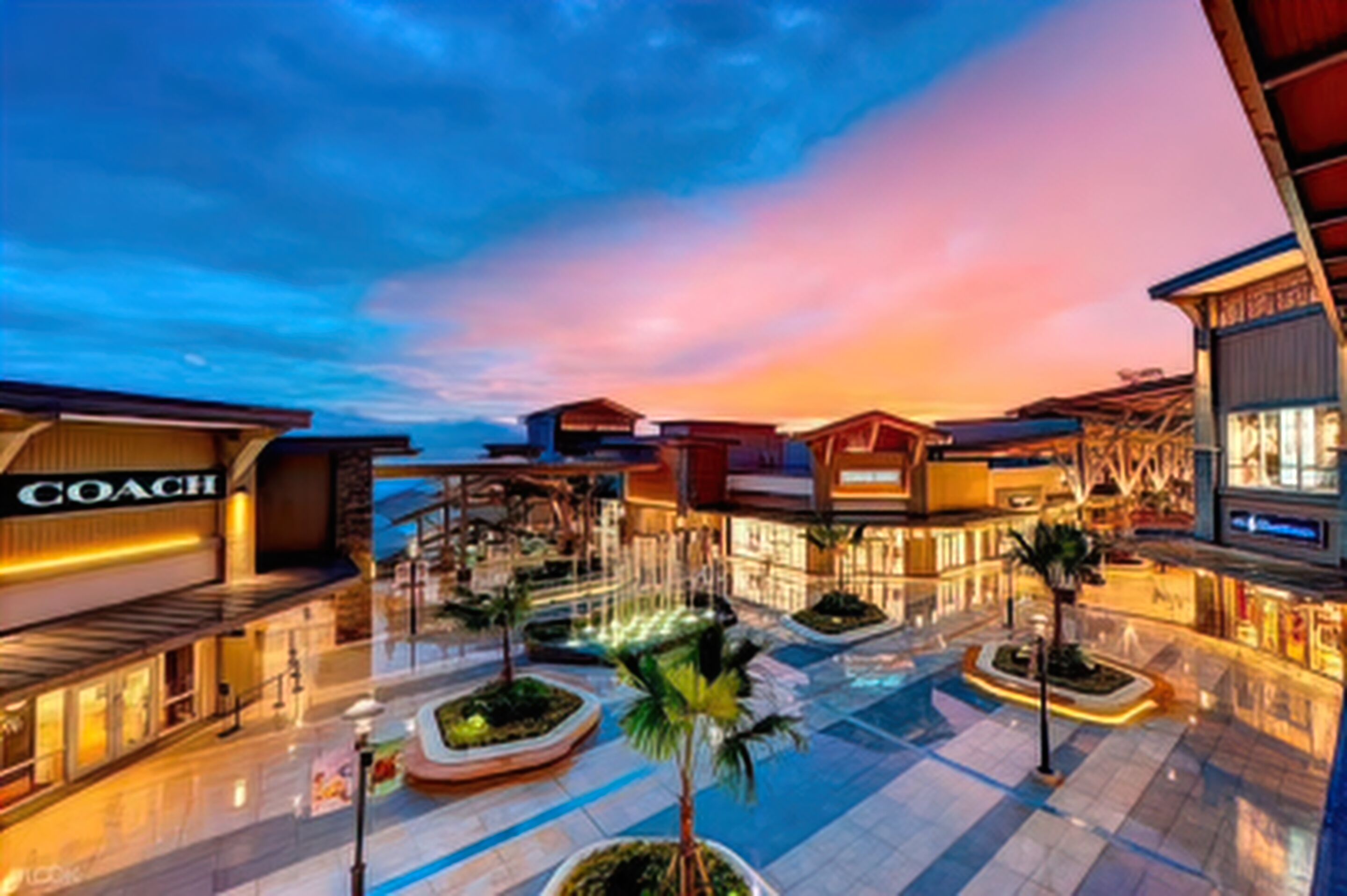 Un centre commercial abritant un magasin Coach, entouré de palmiers et illuminé par les couleurs du coucher de soleil.