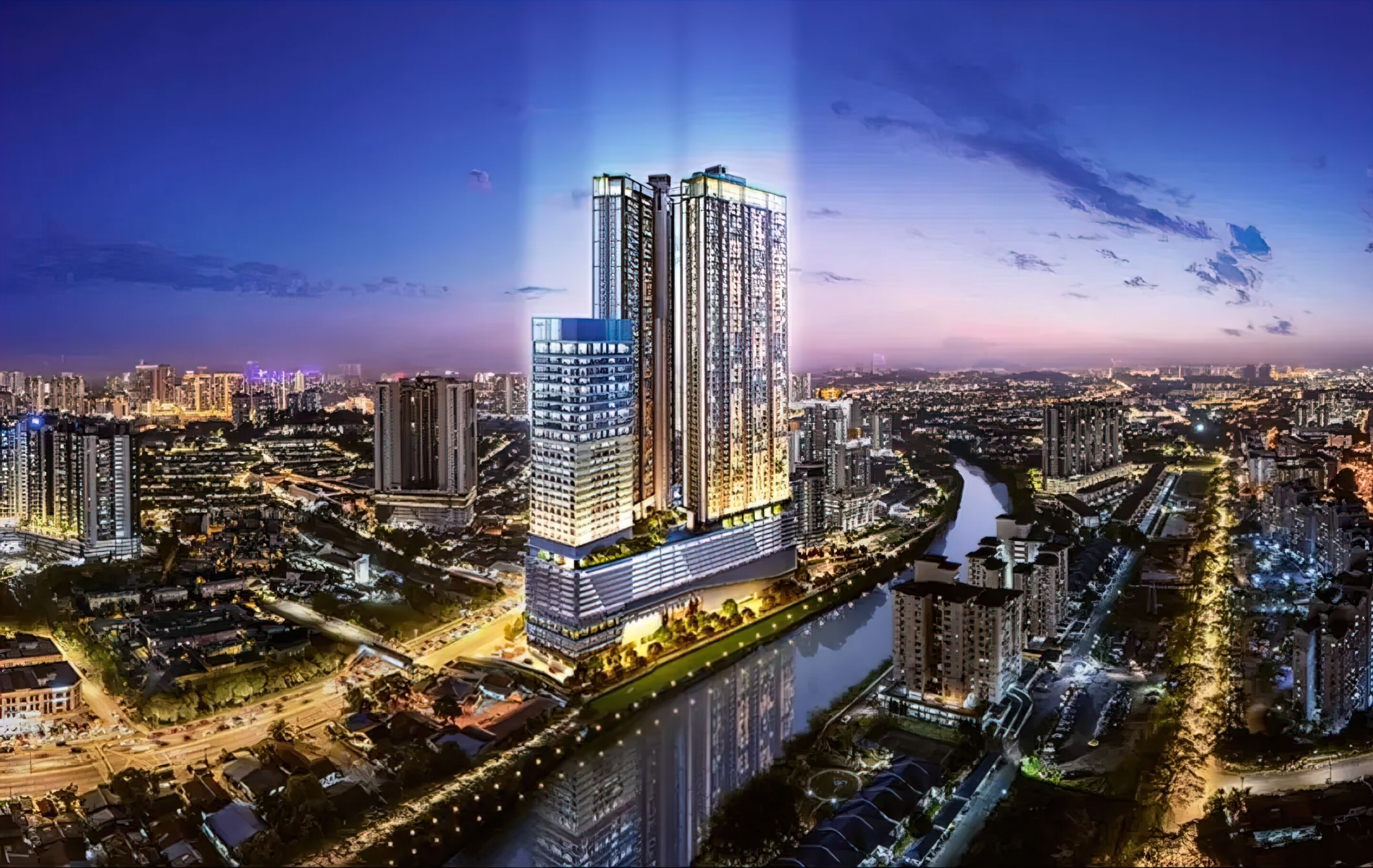 A high-rise building with multiple floors, surrounded by a cityscape with other buildings and a river.