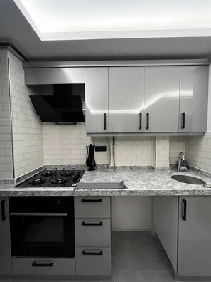 Full-sized fridge, oven, stovetop, cookware/dishes/utensils