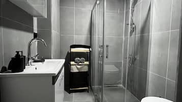 Shower, free toiletries, hair dryer, towels