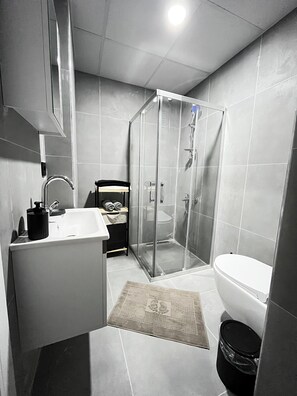 Shower, free toiletries, hair dryer, towels