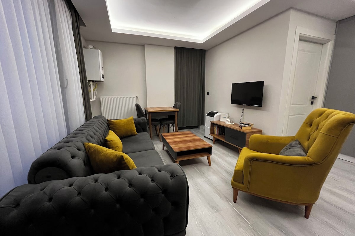 Apartamento económico, 1 cama de matrimonio con sofá cama, cocina | Espacio para trabajar con un portátil y tabla de planchar con plancha