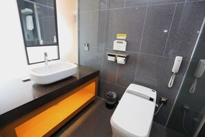 Hair dryer, towels, soap, shampoo