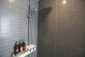 Hair dryer, towels, soap, shampoo