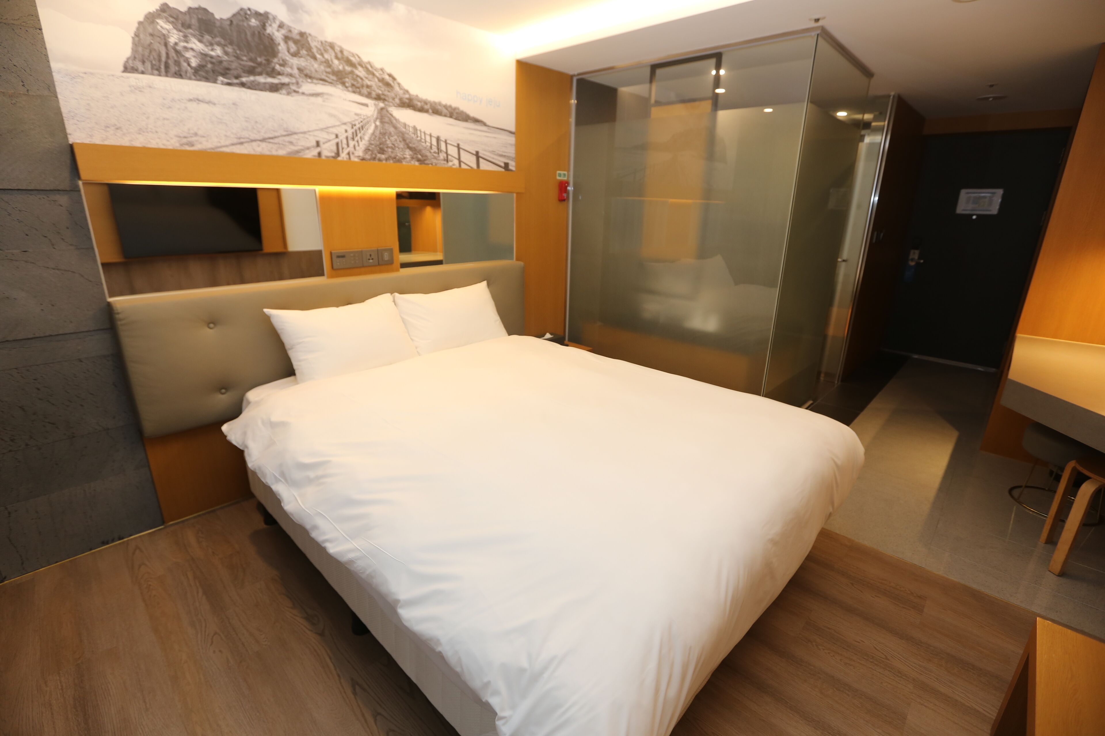 Habitación de hotel moderna con una cama grande, cabina de ducha de vidrio y un póster con vistas a la montaña en la pared.