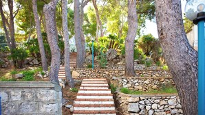 A stone staircase leading up a hill, surrounded by trees and greenery.