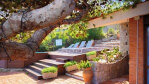 A patio area with a seating arrangement, steps leading to a deck, and potted plants.