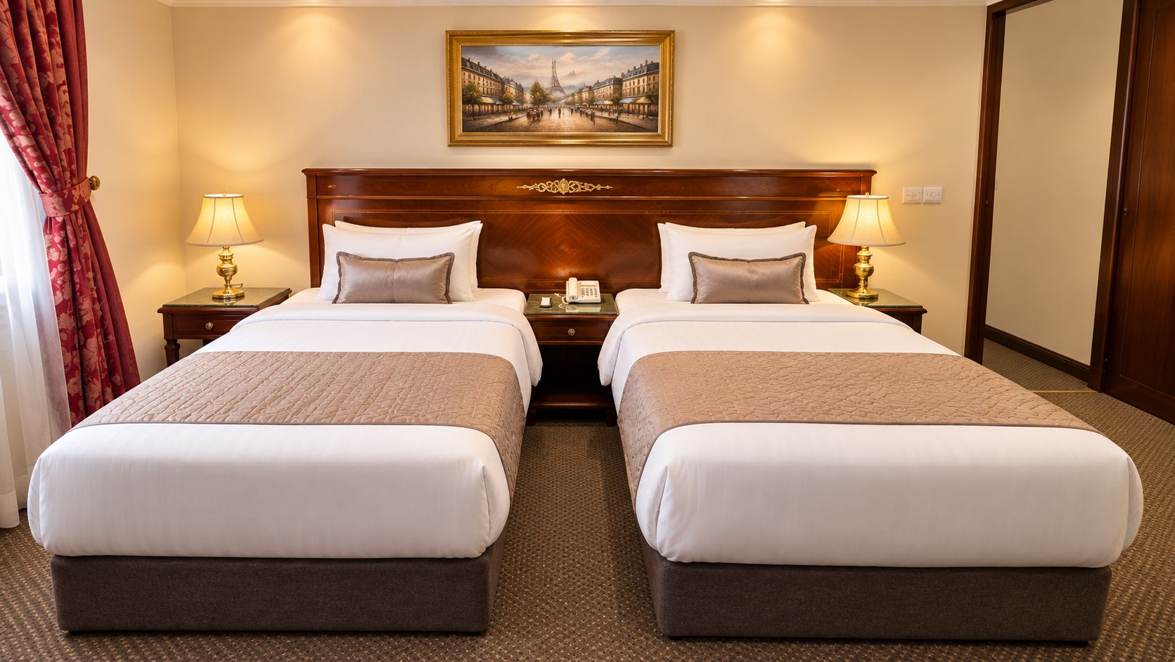 Quarto de hotel com duas camas, cabeceira de madeira, pintura de paisagem urbana e duas luminárias de mesa.