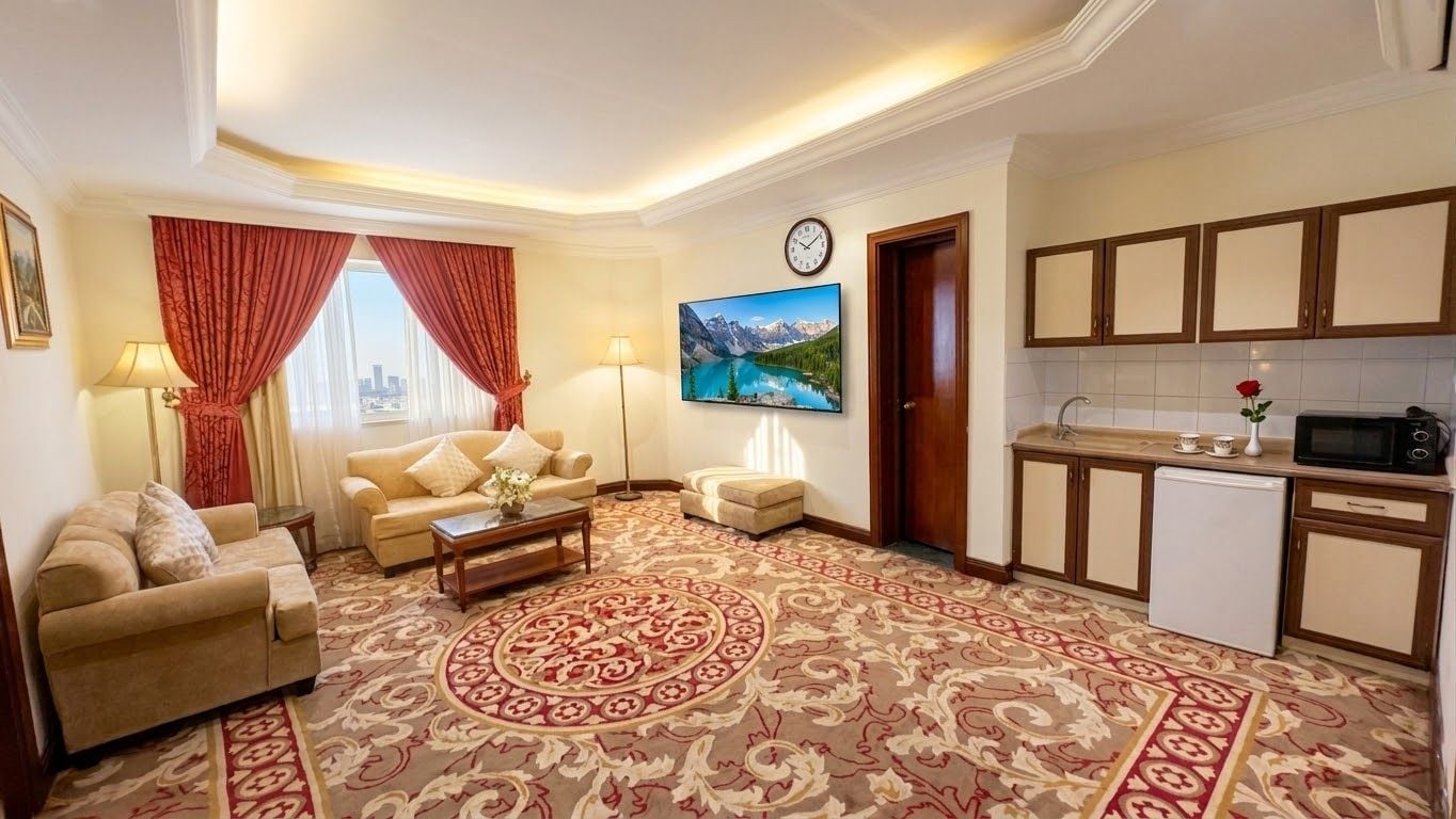 A living room with a sofa, a coffee table, and a television. There is a kitchen area with cabinets and a microwave.