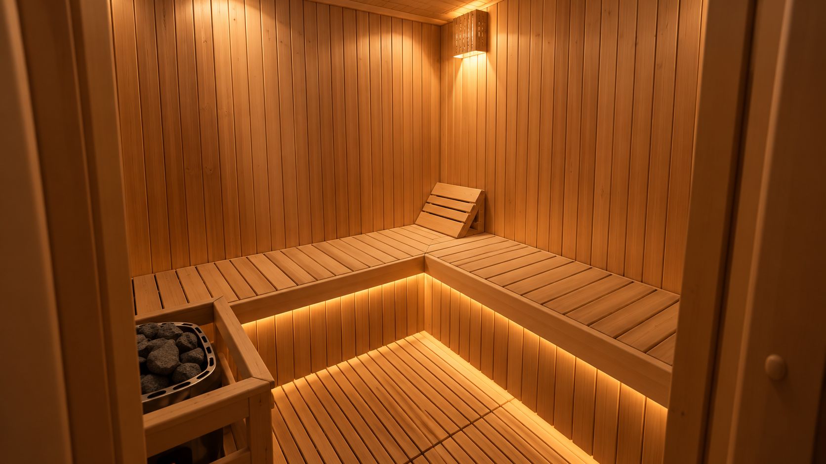 A sauna with wooden benches and a stone basin.