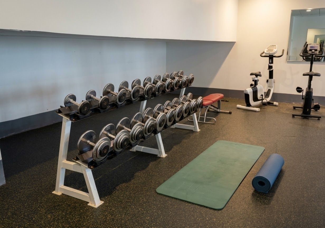 A gym with weightlifting equipment, exercise machines, and a yoga mat.
