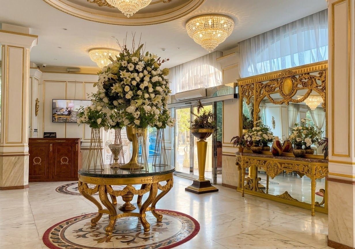 Un hall d’entrée luxueux, agrémenté d’un imposant lustre, d’un grand miroir et d’un arrangement floral disposé sur une table en verre.