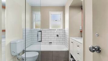 Hair dryer, towels, soap, toilet paper
