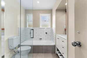Hair dryer, towels, soap, toilet paper